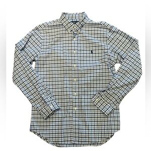 Ralph Lauren Men's Large Slim Fit Stretch Oxford Blue and White Plaid Shirt